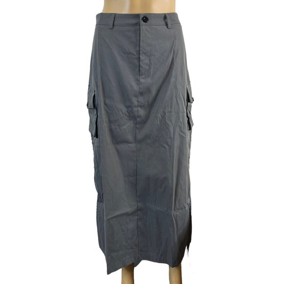 Women Cargo Midi Skirt Gray Medium M Slit Back Pocket Cargo Drawstring Slit - Picture 6 of 16